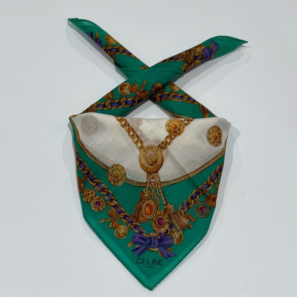 Celine Vintage Handkerchief Mini Scarf Bannada Green Cotton Pocket Square 18”